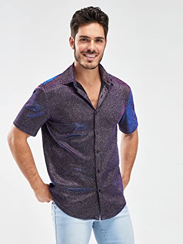 Oyoangle Men's Silk Short Sleeve Dress Shirts Satin Button Up Collared Shirts Purple L #TOP3