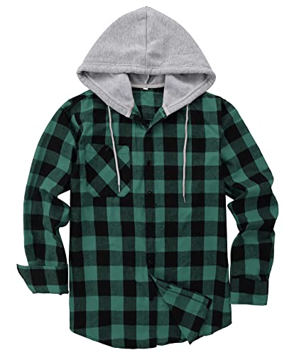 Image of Hooded Flannel Shirts for Men Plaid Long Sleeve Flannel Jacket Hoodies | Button-Down, Lightweight Coat, Classic Plaid Shirts with Hood, Flannel Hoodies with Pocket