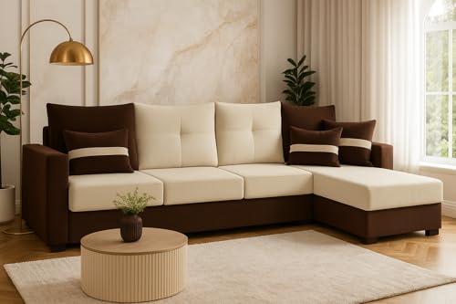Image of CASASTYLE Vogue 5 Seater Fabric RHS L Shape Sofa Set (Cream-Dark Brown) Velvet Finish | Comfortable Sectional Sofa for Living Room