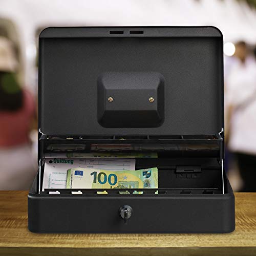 Relaxdays Geldkassette abschließbar, Münzeinsatz & 4 Scheinfächer, Geldkasse Eisen, HBT 8,5 x 30,5 x 24,5 cm, schwarz