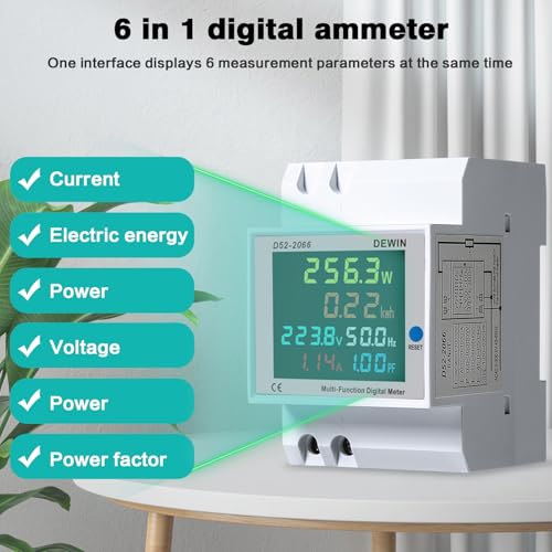 DEWIN Stromzähler, Stromzähler Hutschiene LCD Energiezähler Einphasen Energiekostenmessgerät 6 in 1 Strom Spannung Leistung kWh Messgerät Wechselstromzähler AC 40-300V