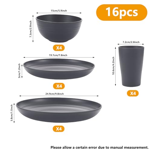 16 Pieces Plastic Dinnerware Set, Unbreakable Plates and Bowls Set - Microwave & Dishwasher Safe, Reusable Tableware for Camping, Picnics, and Everyday Use (Dark Grey) - Image 3