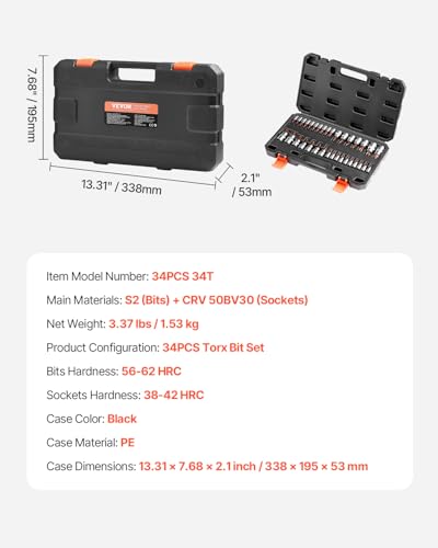 Image of VEVOR Torx Bit Socket Set, 34-Piece Solid Star and Tamper Proof T6-T70, S2 Alloy Steel and Cr-V Steel, 1 /4 in, 3 /8 in, and 1 /2 in Drives, with Enhanced Storage Case, Torx Sockets for Hand Use