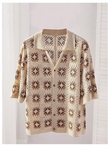 Men's Plus Size Floral Hollow Out Crochet Half Sleeve Cardigans Sweaters Button Down Collared Neck Knitwear3