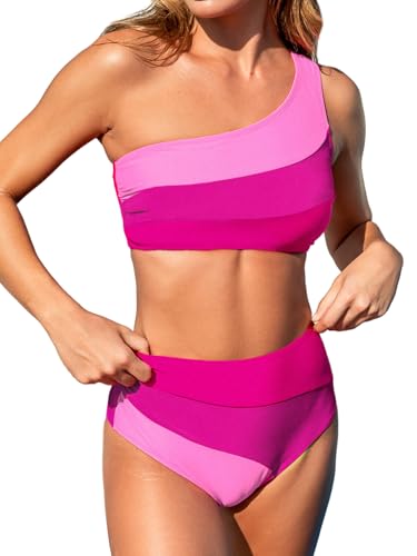 CUPSHE Women's Bikini Sets Two Piece Swimsuit High Waisted One Shoulder Color Block Ruched Asymmetrical
