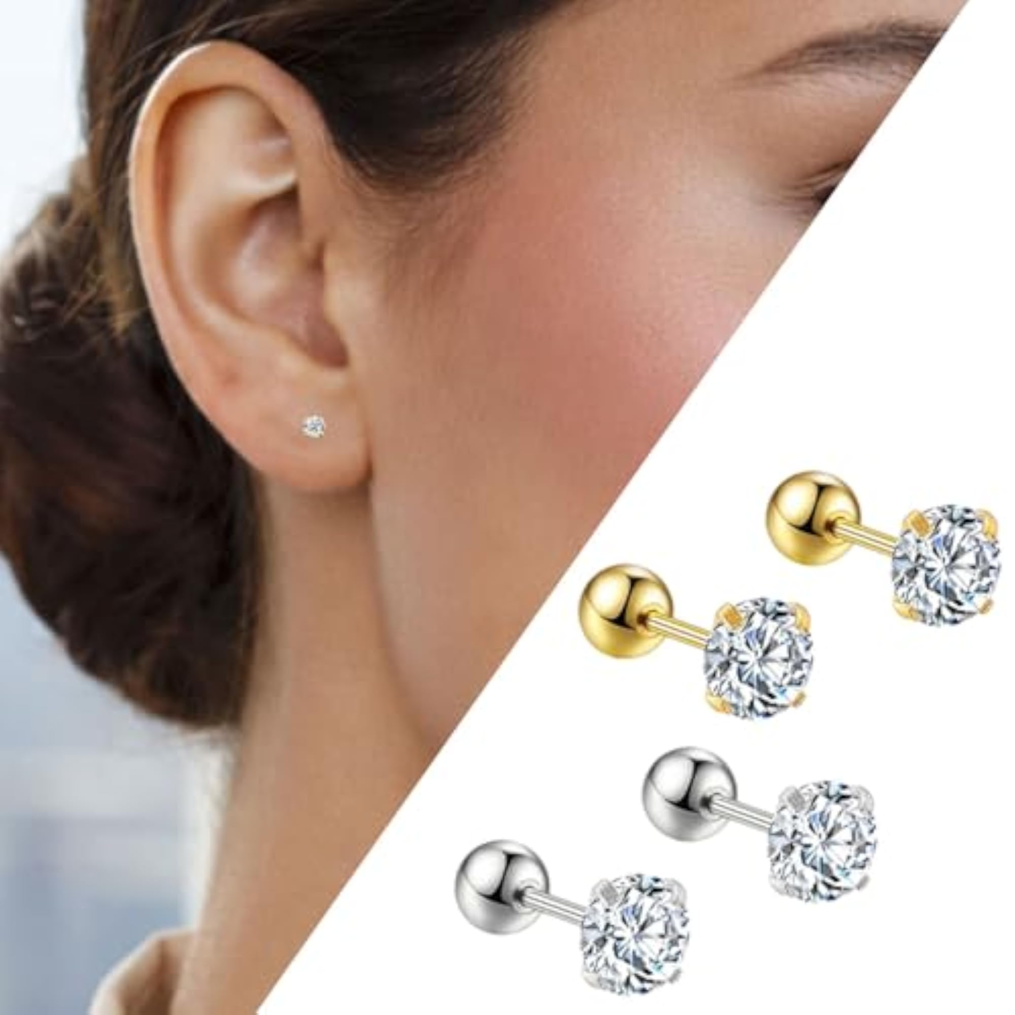 18K Gold & Silver Plated Stainless Steel White Stone Medium Ear Studs
