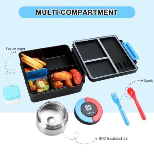 Image of Gamer Bento Lunch Box for Kids, 60 OZ Kids Lunch Box with 8 OZ Leakproof Stainless Steel Insulated Food Jar, 3-4 Compartments Bento Box for School, Includes Sauce Cup & Divider (Red-Blue-PLAYAGAIN)
