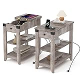 BonVache Set di 2 comodini, tavolino piccolo con funzione di ricarica, tavolino sottile con ripiano, cassetti, comodino per soggiorno, camera da letto, grigio
