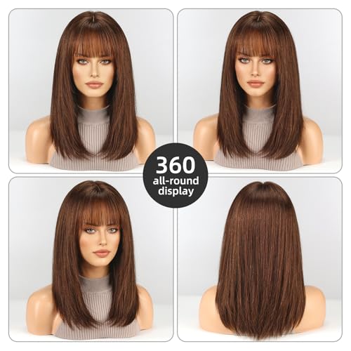 Image of 16 Inch Dark Brown Human Hair Wig, Human Hair Wig With Bangs, Real Hair Wigs For Women, real human hair wigs