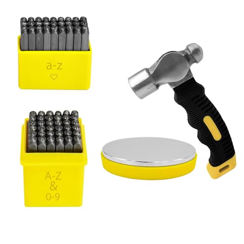 65Pcs Metal Stamping Kit, 1/8"(3mm) Font Uppercase & Lowercase Letter & Number Punches(A-Z, a-z, 0-9, &, Love)+Steel Block+Metal Stamping Hammer(63Pcs 3mm)
