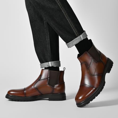 Image of Holy dove Men's Chelsea Boots, Cap Toe Slip On Coffee Brown Leather Ankle Dress Boot Mid-Top Stylish Casual Shoes for Men