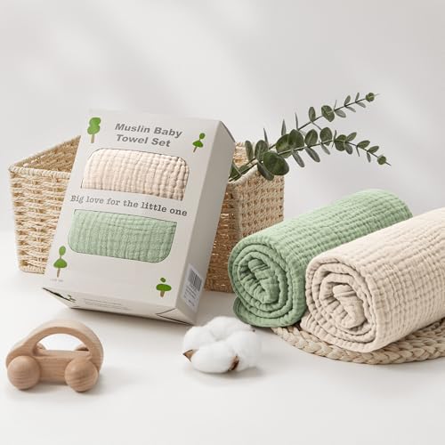 Image of Susurration Hooded Baby Towels for Newborn 2 Pack 100% Muslin Cotton Towel for Babies，Highly Absorbent and Newborn Essential 30x30 Inch (White&Green)