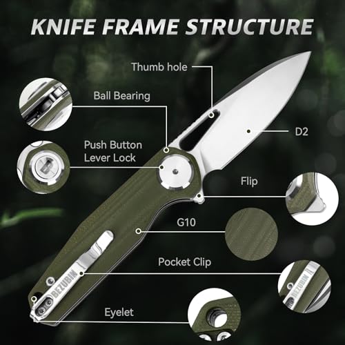 Image of Pocket Folding Knife,3.15 inch D2 Steel Blade,Green G10 Handle,Push Button Lever Lock,Pocket Knife with Pocket Clip for Outdoor,Survival,EDC