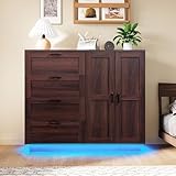 WERSMT 43.3'' H Bedroom Armoire with Drawers and 2 Doors, LED Farmhouse Wooden Armoire and Wardrobe Cabinet, Closet with Hanging Rod, 4 Drawers Dresser with Storage Closet, Espresso