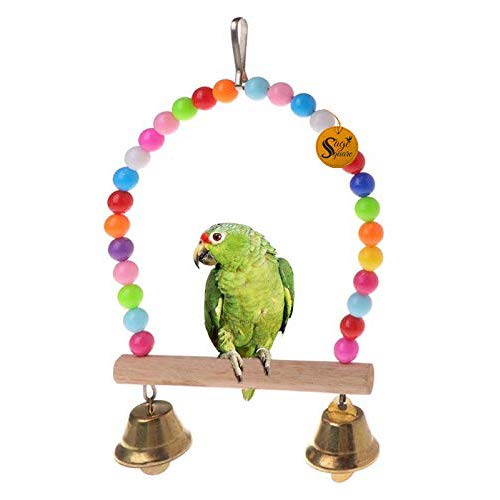 Sage Square Bird Swing Cage Accessories - Interactive Playful Fun for Parakeets, Lovebirds, and Budgies Colorful Wood Beads, Bells, and Hammock Hanging Perch, Decorative Accessories for Parakeets.