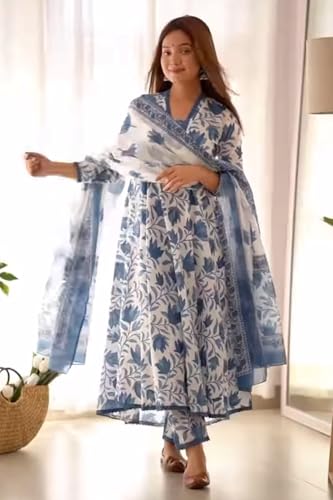 Image of PARTHVI Women's Printed Cotton Anarkali Kurta & Pant With Dupatta Set