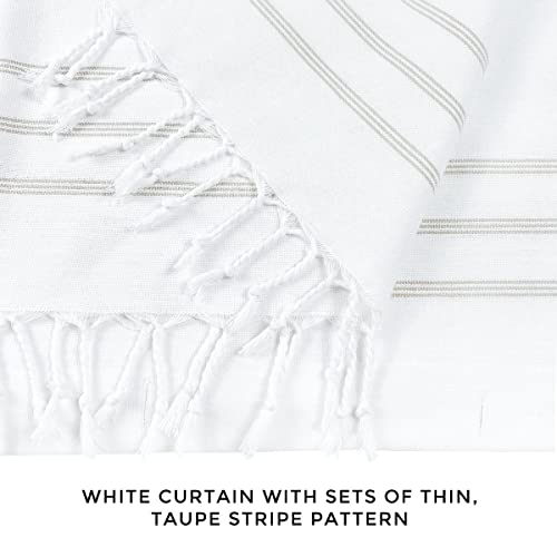 Hall & Perry Modern Farmhouse White Stripe Shower Curtain With Tassels - Horizontal Taupe Striped 100% Cotton, 72" X 72" #TOP2