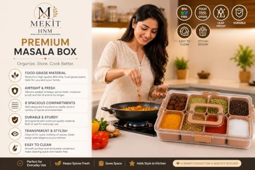 Image of MEKIT Square Masala Box for Kitchen, Plastic Container for keeping Spices, 8 Section Multipurpose Masala Box with Lid (LightPink -8C)
