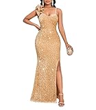 Cololura Women Elegant Sexy Sequin High Split Ruffled Sleeve Bodycon Mermaid Party Evening Gowns Maxi Dress Gold