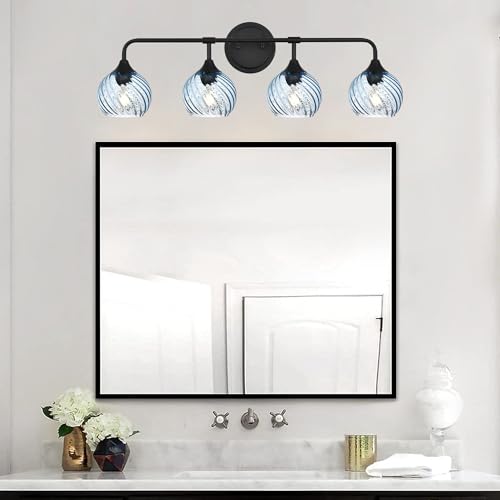 Image of MELUCEE Bathroom Light Fixtures Black Vanity Light with Blue Striped Swirl Glass Shade, 4 Light Modern Wall Light Fixtures for Mirror Kitchen Living Room Bedroom Hallway