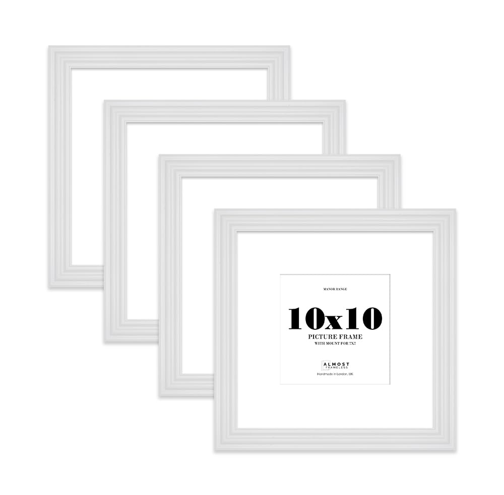 10x10" White Picture Frame - 10x10" Square Frame with 7x7" Mount for 10x10"/7x7" Pictures Vintage Style Classic Interior Design Décor, 4 Pack