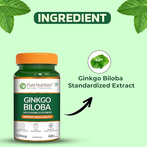 Image of Pure Nutrition Ginkgo Biloba | Gingko Biloba Capsules Supports Memory, Better Concentration | 24% Flavone Glycosides Helps Reduce Stress & Improve Blood Circulation - 60 Veg Capsules
