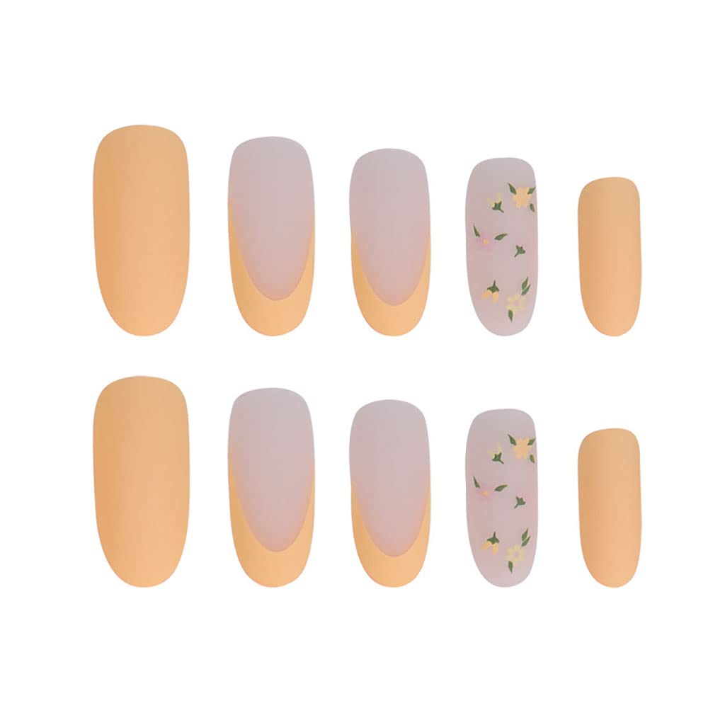 Amazon.com: RikView French Press on Nails Medium Fake Nails Yellow Nails  with Flower Design Oval Acrylic Nails Matte Nails : Beauty & Personal Care