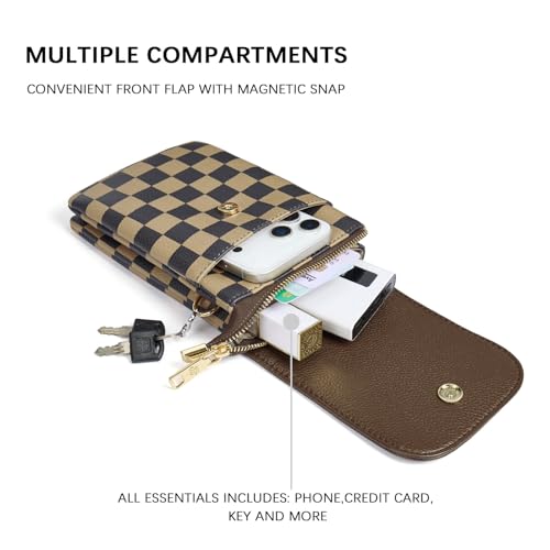 Image of BOSTANTEN Vegan Leather Small Crossbody Bags for Women Designer Cell Phone Bag Wallet Purses Adjustable Strap, Checkered Coffee