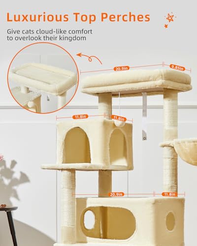 Image of Taoqimiao Cat Tree, 49In Cat Tower for Indoor Cats Large Adult | 2 Luxurious Cat Condos, Thick Padded Top Perch, Adjustable Hanging Baskets, 5 Scratching Sisal Posts, Beige MS029LM