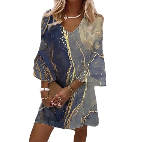 Women's Casual Boho Floral Print Dress Loose V Neck 3/4 Wave Bell Sleeve Flowy Mini Beach Summer Dresses for Women