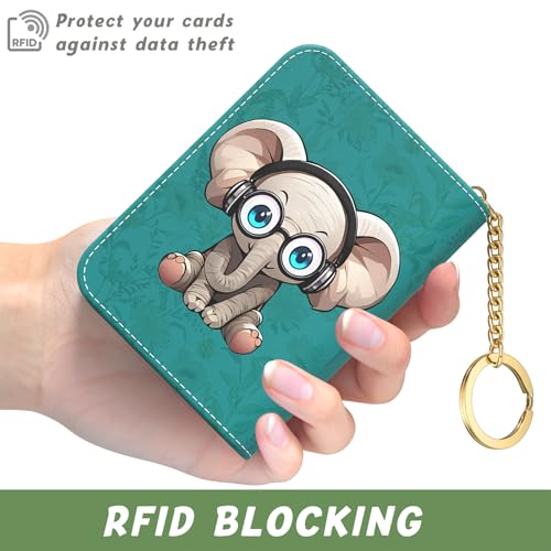 Image of Aiawoxc Credit Card Holder, Small RFID Wallet Slim Leather Card Organizer Case with Zipper and Keychain, Pretty Elephant