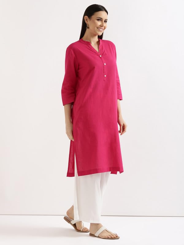 Image of SAADAA Women's Linen Straight Fit Straight Long Kurta Airy Plain Kurta, 3 /4 Sleeve, Knee Length Kurtis with Pockets, Casual and Office Wear