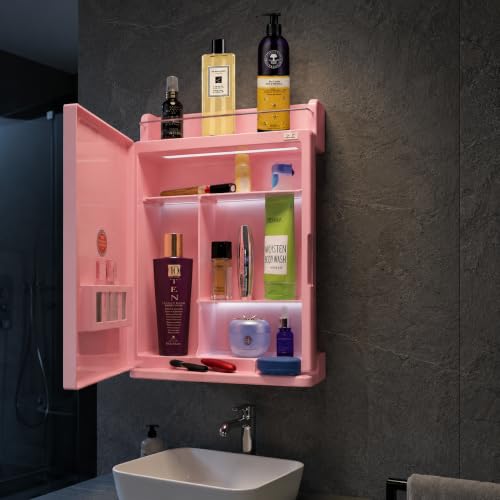 Image of BRANCO Bathroom Cabinet with Mirror | Storage Organiser | Strong Plastic Bathroom Shelves Wall Mounted | Mirror Cabinet (Pink)