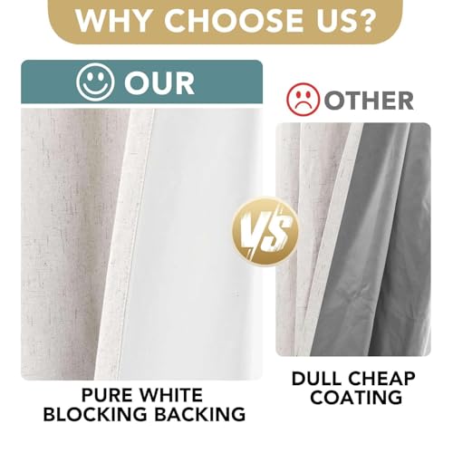 Image of H.VERSAILTEX Linen Curtains 100% Blackout Curtains for Bedroom 102 inch Long Full Light Blocking Nature Linen Blended Window Curtains for Living Room Nickel Grommet (2 Panels, Ivory)