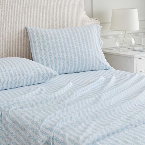 Image of Martha Stewart - King Size Sheet Set, Crisp & Tailored Sheets with a Smooth Cotton Percale Feel - Striped Bed Sheets with Matching Pillowcases & Fitted Sheet (Leaf Stripe Blue)