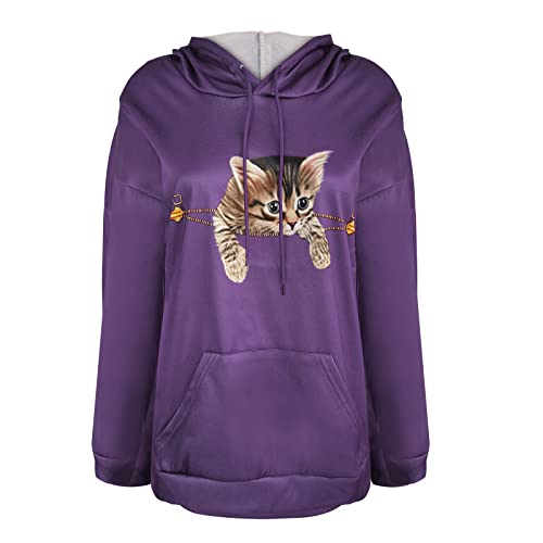 Womens Cute 3D Cat Print Sweatshirts Tops Loose Fit Long Sleeve With Pocket Hoodies Casual Hooded Pullover For Teen Girl Purple #TOP2