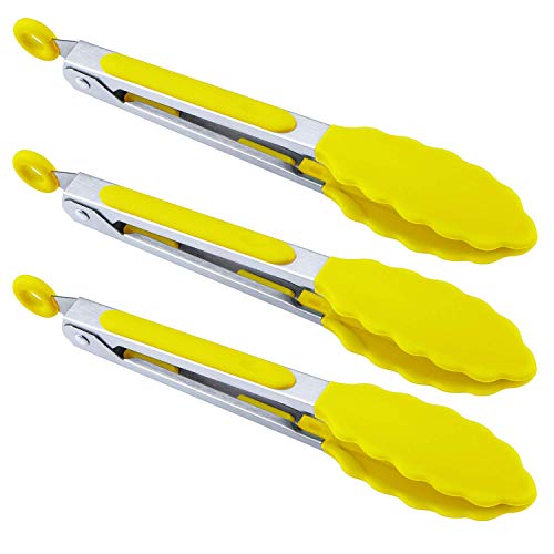 MSY BIGSUNNY Kitchen Food Tongs with Silicone Tips,7 Inch Serving Tongs for Grilling,Locking,BBQ Set of 3 (Yellow)
