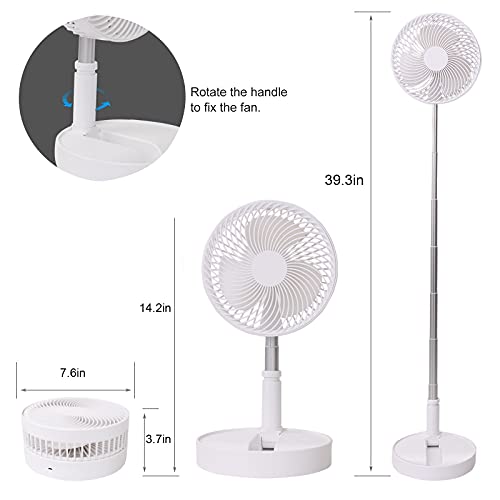 Ventilateur de bureau portable, pliable, sur pied, hauteur réglable de 36,1 cm à 99,1 cm, 4 vitesses et réglages de l'heure, batterie rechargeable 7200 mAh, charge USB oscillante télescopique (blanc) – Image 5
