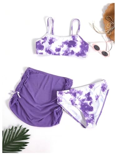 Image of Milumia Girl's 3 Piece Tie Dye Bikini Set Swimsuit with Drawstring Beach Skirt Swimwear