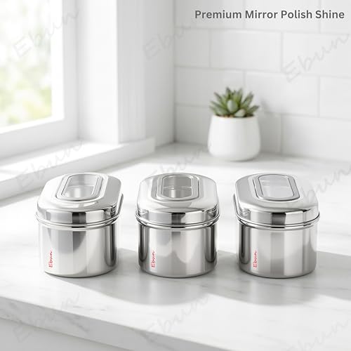 Image of Ebun Stainless Steel Top See Through Containers | Stainless Steel Container with Lid | Capsule Shape Steel Kitchen Containers Set | Steel Airtight Container | 500 Gms Capacity Approx | Pack of 3