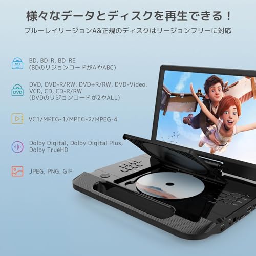FANGOR ポータブルブルーレイプレーヤー 12インチ 1080P液晶 270度回転 4500mAh内蔵バッテリー 5時間連続再生 CPRMとリージョンフリー対応 HDMI出力 AV入力 イヤホンジャック出力 USB対応 ３電源対応 車載可能 携帯便利 日本語取扱説明書付き
