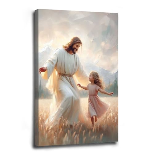 Dancing Faith Christian Art - Jesus and Girl Dancing Painting With Children - LDS Bible Poster for Home and Wall Decor