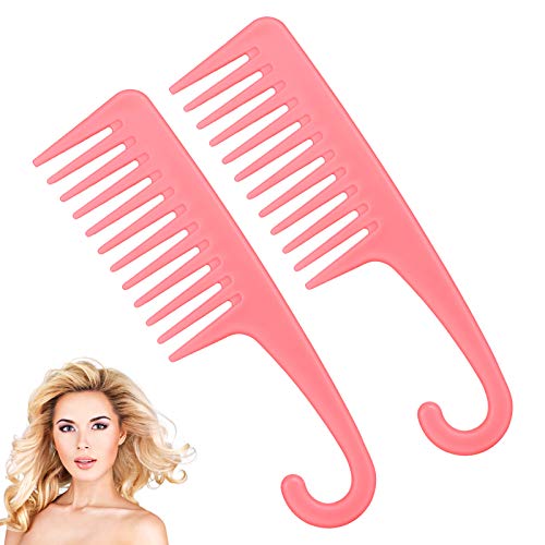 Wide Tooth Comb Shower Combs: 2Pcs Wide Tooth Comb for Curly Hair,Plastic Big Detangling Comb with Hook,Wide Tooth Comb for Wet /Black/Thick/Fine/Long Hair,Combs for Women（Pink）
