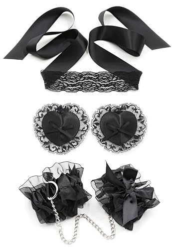 Lace Heart Shaped Breast Covers Adhesive Bra Cover, Lace Soft Fluffy Handcuffs for Grownups and Black Satin Mask