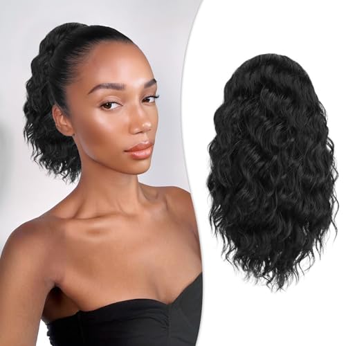 RUWISS Tigela de cavalo de cabelo natural, extensões de cabelo encaracolado de cavalo longo preto natural ondulado sintético Ponytail 30 cm extensão de cavalo para mulheres
