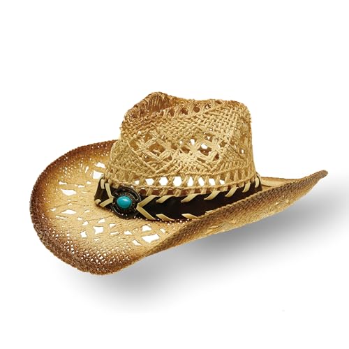 Image of YOUBADU Western Straw Cowboy and Cowgirl Hats with Decorative Bands - Unisex Wide Brim Raffia Style Sun Hat