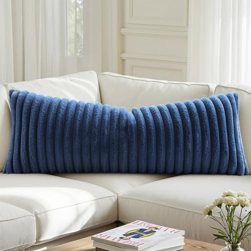 Image of decorUhome Fall Cozy Faux Fur Throw Pillow Covers 14x36 Pack of 1 Decorative Soft Plush Striped Lumbar Coastal Modern Farmhouse Boho Couch Pillow Cases with Velvet Back for Sofa Bed, Navy Blue