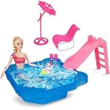 BETTINA Pool Playset - Glam Pool with Slide, Doll Pool Accessories Includes Beach Chair, Beach Umbrella, Dog, Swimming Pool Set for 12 Inch Dolls, Bath Toys for Dolls