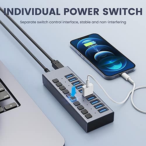 Powered USB Hub - ACASIS 10 Ports 48W USB 3.0 Data Hub - with Individual On/Off Switches and 12V/4A Power Adapter USB Hub 3.0 Splitter for Laptop, PC, Computer, Mobile HDD, Flash Drive and More