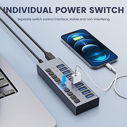 48W Powered USB Hub - ACASIS 10 Ports USB 3.0 Data Hub, Individual On/Off Switches, 12V/4A Power Adapter, Aluminum Housing, USB Splitter for PC, Computer, Mobile HDD, Flash Drive
